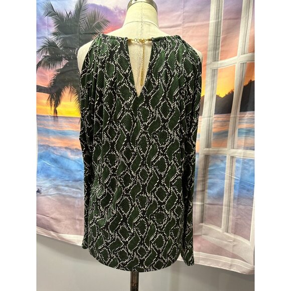 Michael Kors L/S cold shoulder blouse green snakeskin print Large - Picture 3 of 5